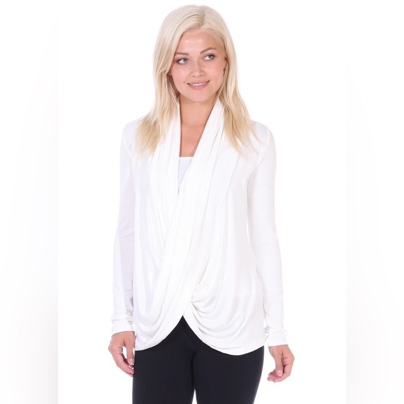 Francesca’s Ivory White Wrap-Front Surplice Drapey Scarf Long Sleeve Knit Top - Picture 1 of 5